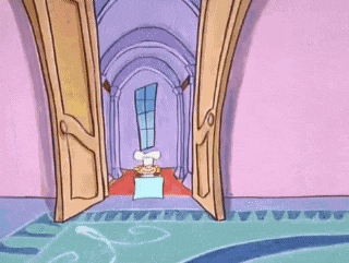 a cartoon of a man in a chef 's hat walking through an open doorway .