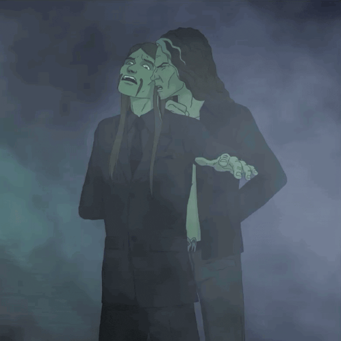 a drawing of a man in a suit and tie with a green face