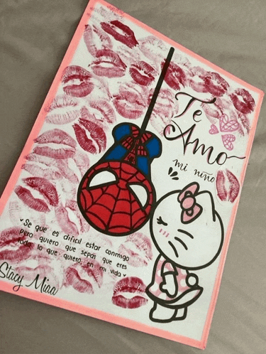 a hello kitty holding a spider man hanging from a web with the words te amo mi niño on it