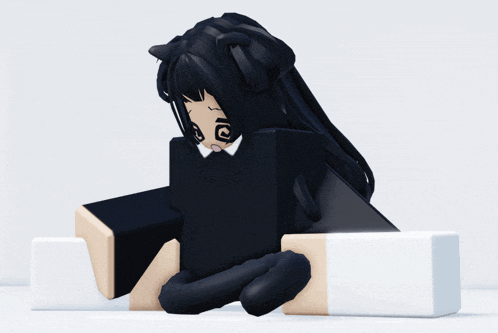 a girl with long black hair is sitting on a white cube
