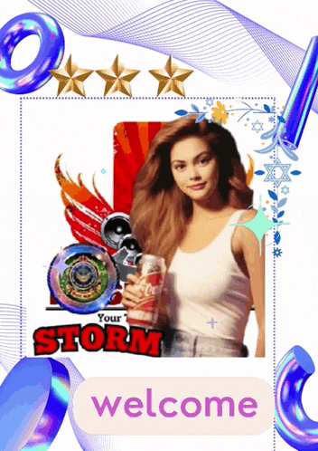 a picture of a woman holding a coca cola can with the words " your storm welcome " below her
