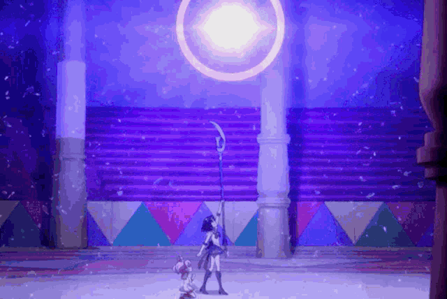 a woman in a purple costume is holding a sword in front of a purple light