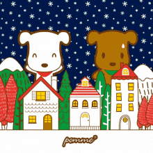 a cartoon of a dog and a bear standing in front of houses with the word pomme on the bottom right