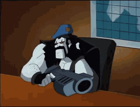 a cartoon character is sitting at a desk holding a gun