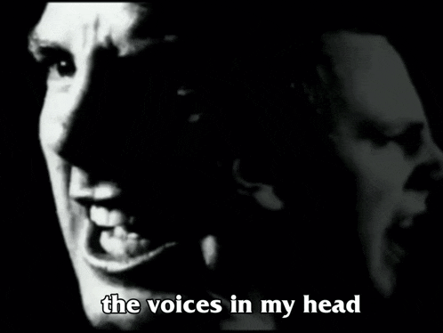 a black and white photo of two faces with the words the voices in my head