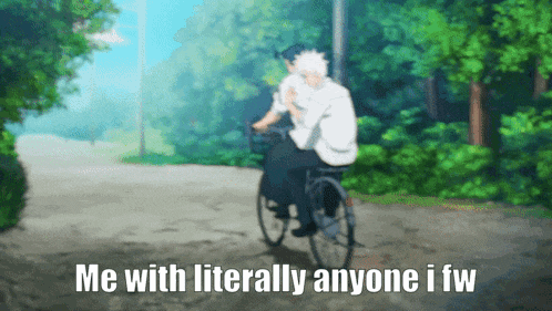 a man riding a bike with the words me with literally anyone i fw on the bottom
