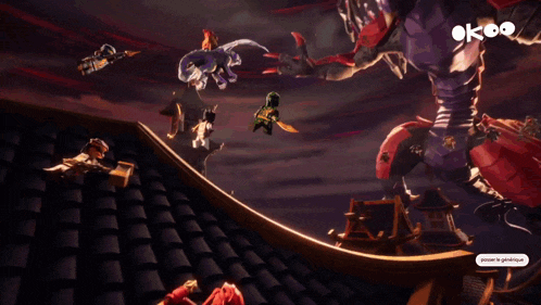 a cartoon of ninjago characters fighting a dragon with the letters okoo in the corner
