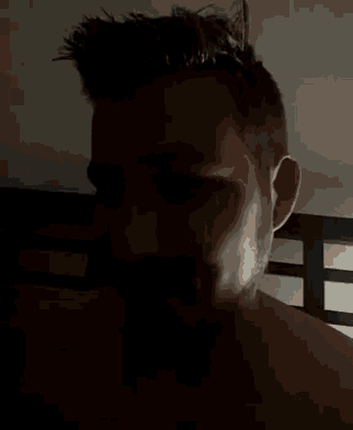 a close up of a man 's face with a beard in the dark .