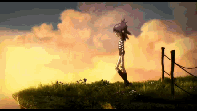 a cartoon character standing on top of a grass covered hill