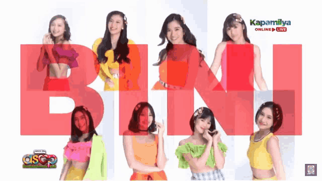 a group of girls are standing in front of a sign that says " bina "