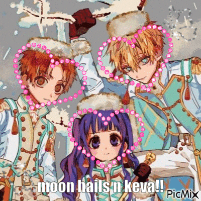 a group of anime characters standing next to each other with hearts around their heads and the words moon hail n kiva !