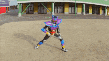 a person in a purple and blue superhero costume
