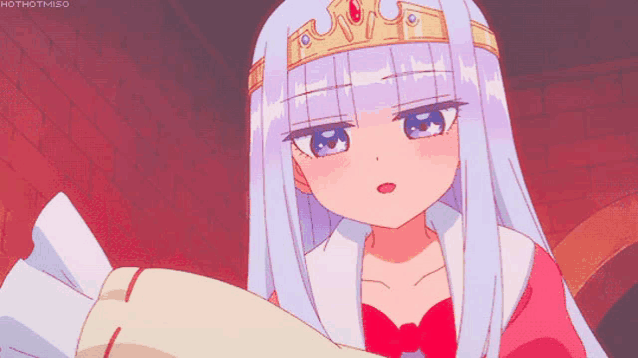 a girl with long white hair and a crown on her head