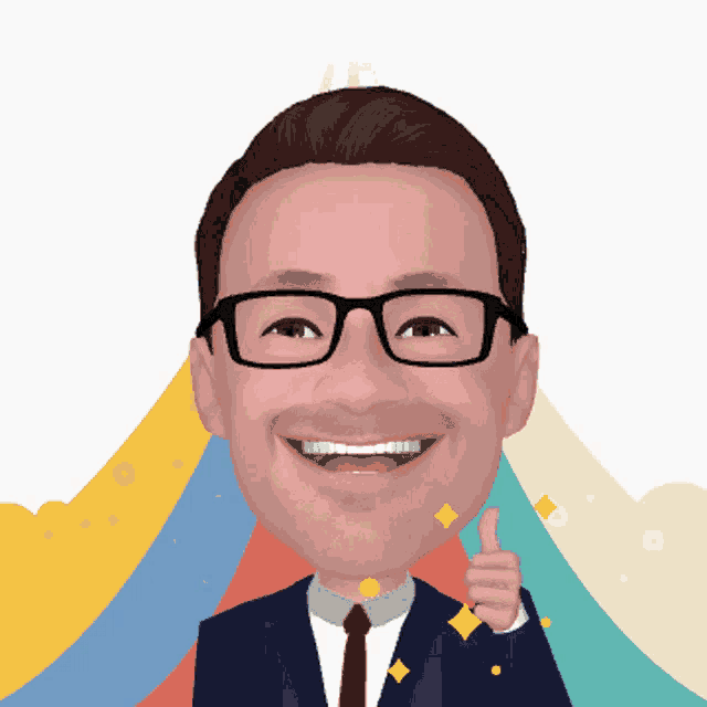 a man wearing glasses and a suit is smiling and giving a thumbs up