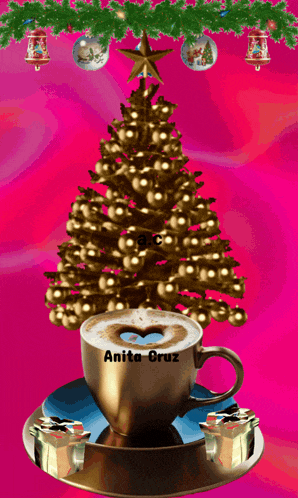 a picture of a christmas tree and a cup of coffee with anita cruz written on it