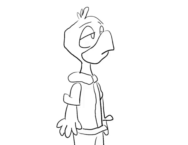 a black and white drawing of a cartoon bird wearing a jacket and a scarf .