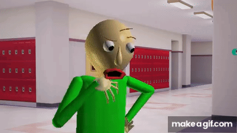 a cartoon character is standing in a hallway with red lockers behind him