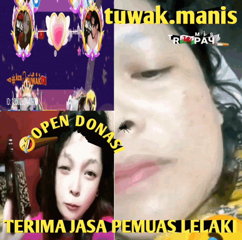a woman with a spider on her nose and the words open donasi on the bottom