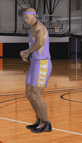 a man in a purple and yellow basketball uniform with the number 5 on the front