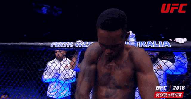 a man standing in a cage with ufc 2018 decade in review written on the bottom
