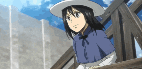 a girl wearing a white hat and a blue cape stands on a railing