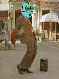 a man in a suit and tie is dancing in front of a store that says hop