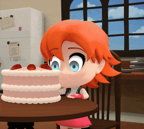 a cartoon girl is sitting at a table with a cake on it