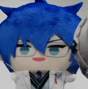 a stuffed animal with blue hair is wearing glasses and a white coat
