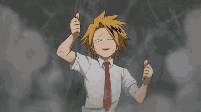 a cartoon character with yellow hair is giving a thumbs up sign