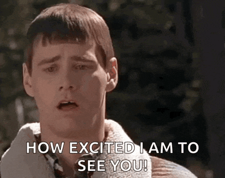 a close up of a man 's face with the words `` how excited i am to see you '' .