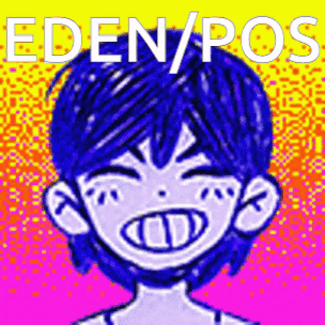 a drawing of a boy with blue hair and the words eden / pos above him