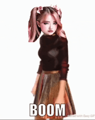 a girl in a skirt and a sweater is dancing with the word boom written on the bottom .