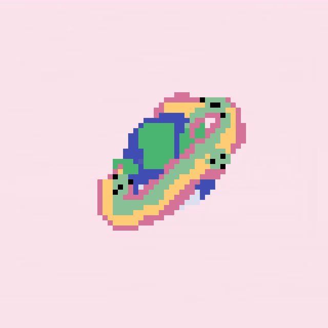 a pixel art of a rainbow colored object with a pink background