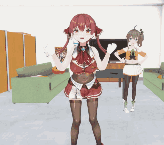 a girl with red hair is standing in a living room