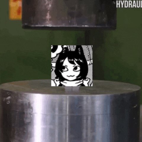 a black and white image of a girl with a cat ear is being pressed by a hydraulic press