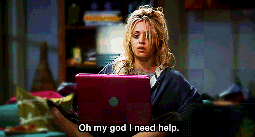 a woman is sitting on a couch with a laptop and says " oh my god i need help "