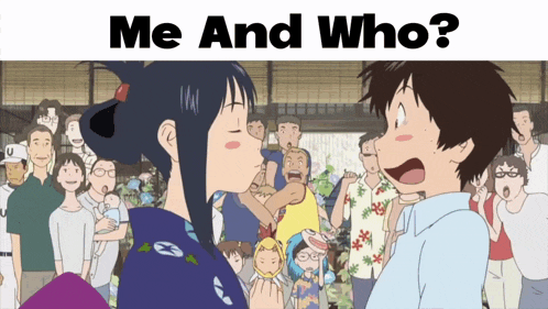 a cartoon of a girl kissing a boy with the words me and who below them