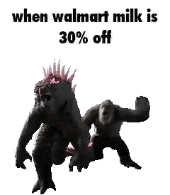 a couple of monsters standing next to each other on a white background with the words `` when walmart milk is 30 % off '' .