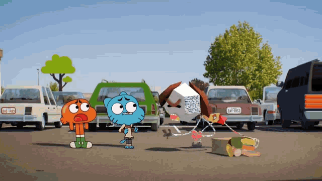 gumball and darwin from the amazing world of gumball are standing next to each other in a parking lot