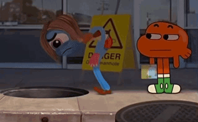 a cartoon character is standing next to a sign that says danger manhole
