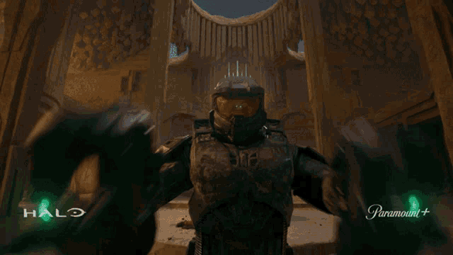 a halo advertisement for paramount + shows a man in a green helmet
