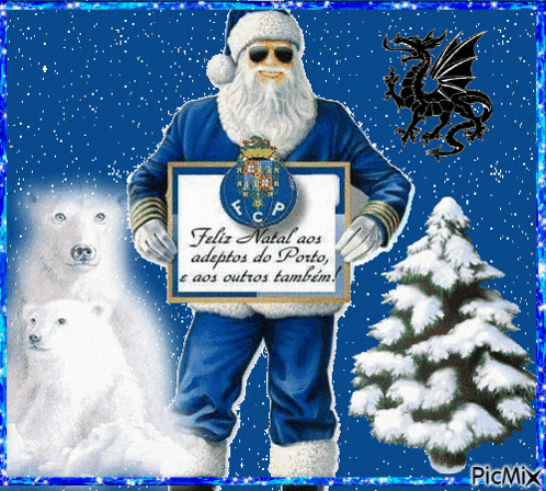 a santa claus holding a sign that says feliz natal aos adaptos do porto
