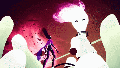 a pixel art of a woman standing in front of a purple and white glowing object
