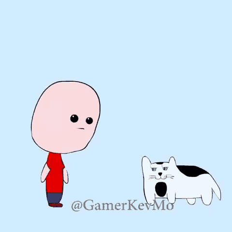 a cartoon of a bald man standing next to a black and white cat with green eyes .