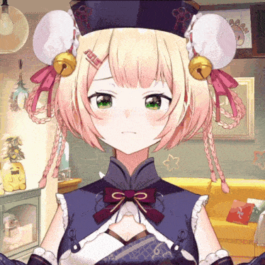 a girl with pink hair and green eyes is wearing a hat with bells around her head
