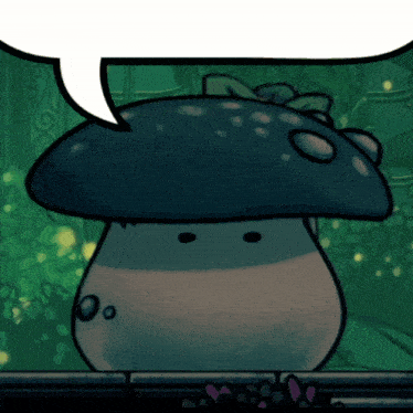 a cartoon drawing of a mushroom with a speech bubble behind it