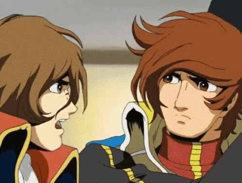 a couple of cartoon characters are talking to each other and one of them has brown hair