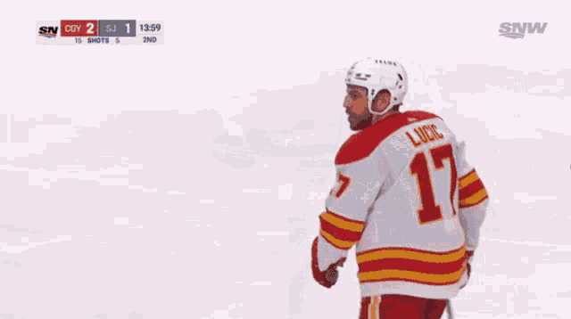 a hockey player wearing a jersey that says c on it