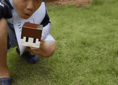 a boy is kneeling down in the grass holding a cardboard box with a minecraft face on it