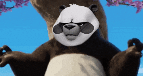 a panda bear is sitting in front of a tree